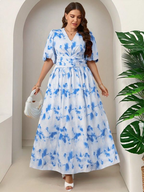 Plus Size Women's Aqua Blue Gradient Tie Dye Crossover Strap Dress, Suitable For Vacation, Travel, And Outings