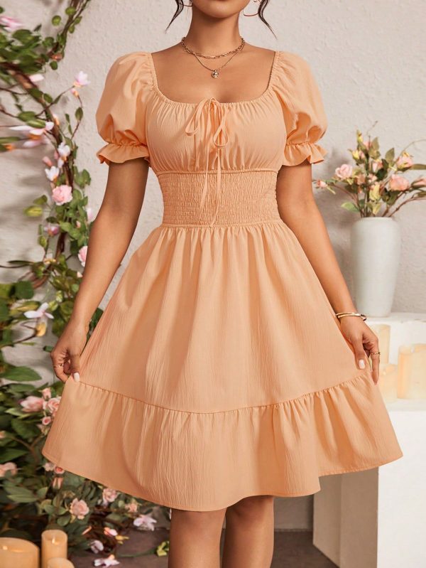 Women's Vacation Solid Color Shirred Puff Sleeve Elastic Waist Fashionable Dress