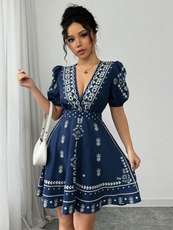 Summer Elegant Geometric Print Puff Sleeve Dress