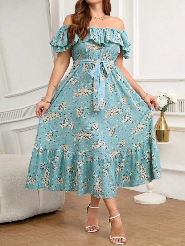 Curve Plus Size Women's Romantic And Elegant Daily One-Shoulder Off-Shoulder Ruffled Butterfly Waist Tie Waist A-Line Ruffled Long Dress,Graduation Dress,Wedding Guest Dress Women,Floral Dress Women,Country Concert Outfit,Ruffle Dress,Summer Outfits For Women,Summer Dresses For Women,Summer Dress,Vestidos De Verano,Graduation Dresses For Women,Vacation Outfits Woman,Birthday Dresses For Women,Vacation Dress,Festival Outfits For Women,Birthday Outfit Women,Modest Dresses For Women,Summer Dresses