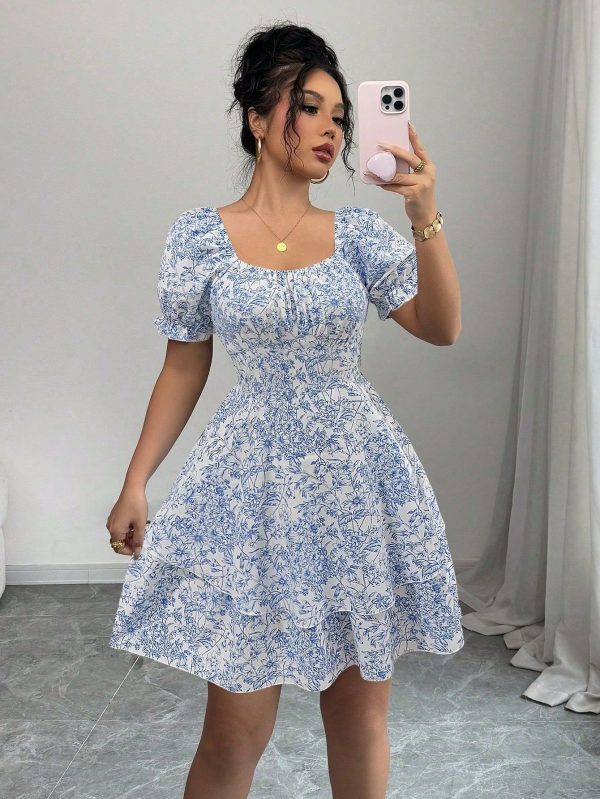 Casual Cute Small Floral Print Elastic Waist Round Neck Double Ruffle Hem Short Sleeve Women Dress
