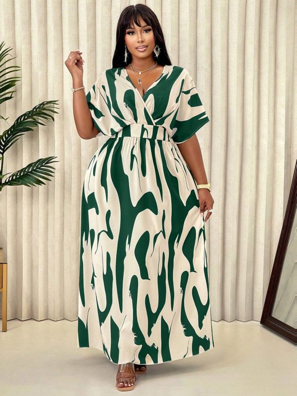 Plus Size V-Neck Allover Print Cross Wrap Short Sleeve Dress (Floral Pattern Random), For Summer