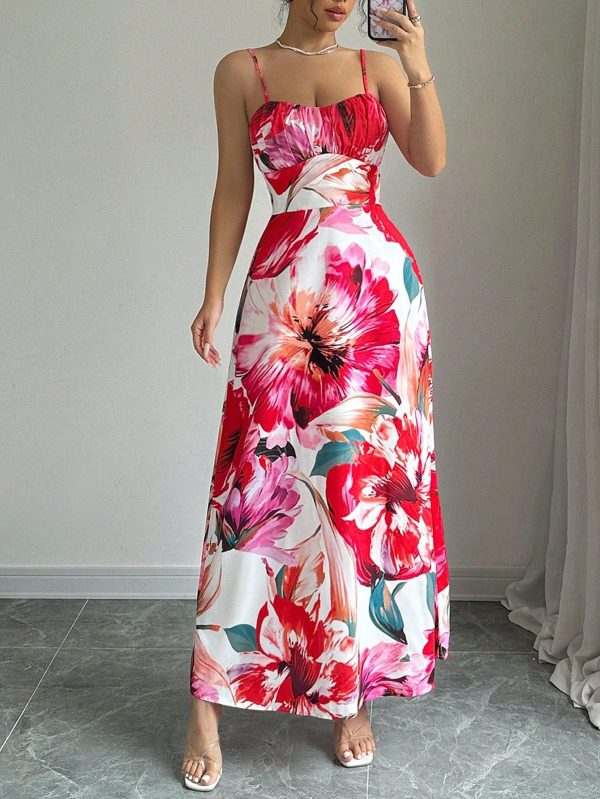 Flower Print Slim Fit Spaghetti Strap Dress For New Year Clothes Maxi Women Outfit