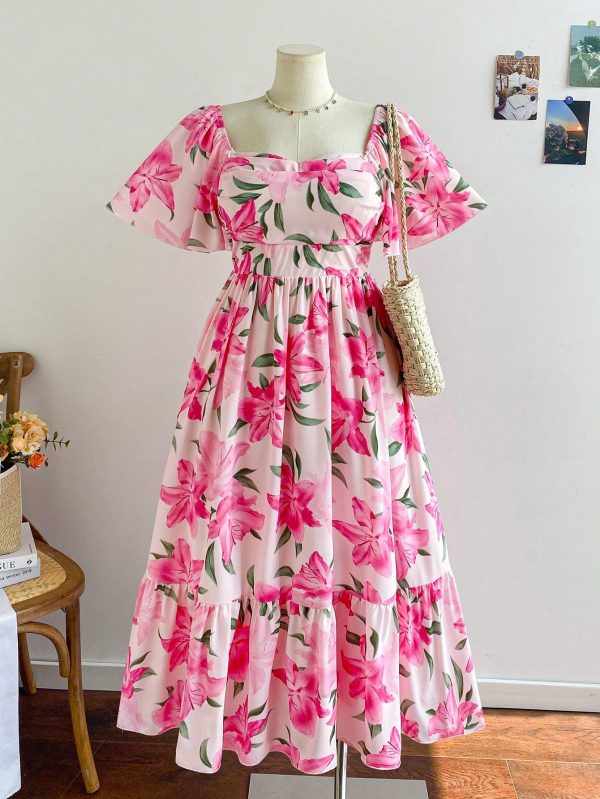 Plus Size Short Sleeve Square Neck Floral Pattern Print Dress