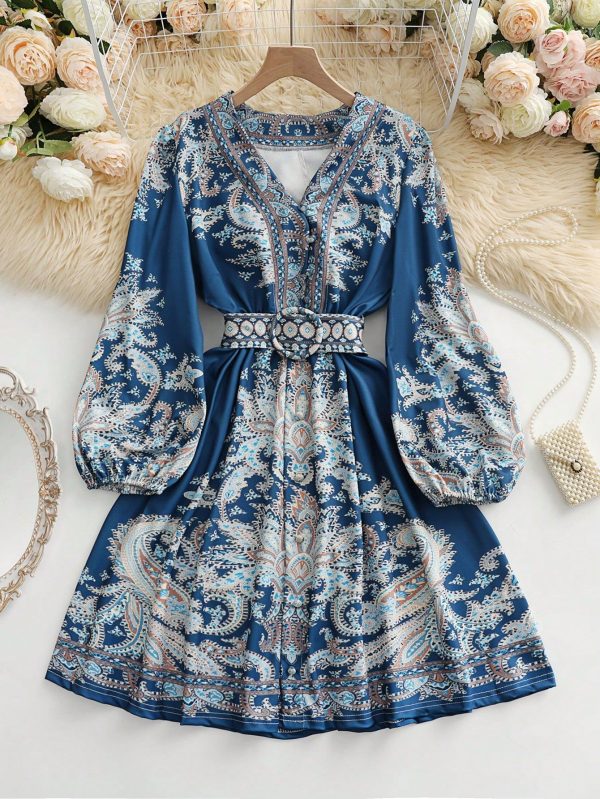 Women's Short Long Sleeve Dress Fashionable V-Neck Boho Printed Hem Decorated Button Dress, Spring And Summer, Resort Wear, Short Skirt