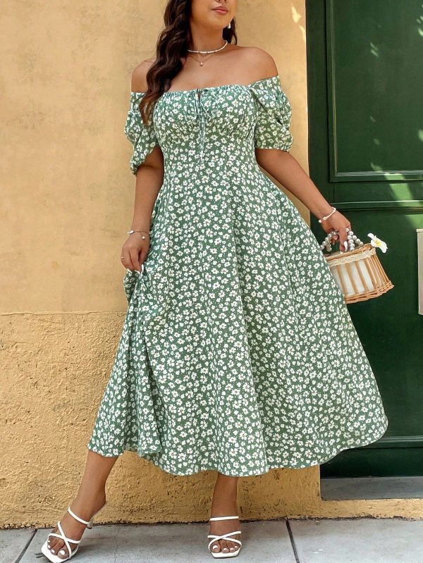 Plus Size Women's Ditsy Floral Off-Shoulder Swing Dress With Waist Design, Resort Style