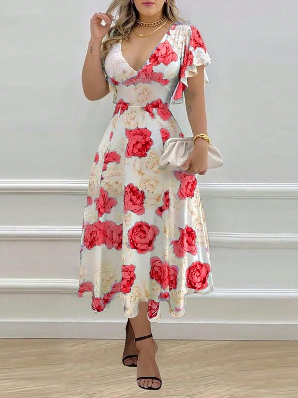 Women's Floral Print Cap Sleeve Elegant Vacation Dress