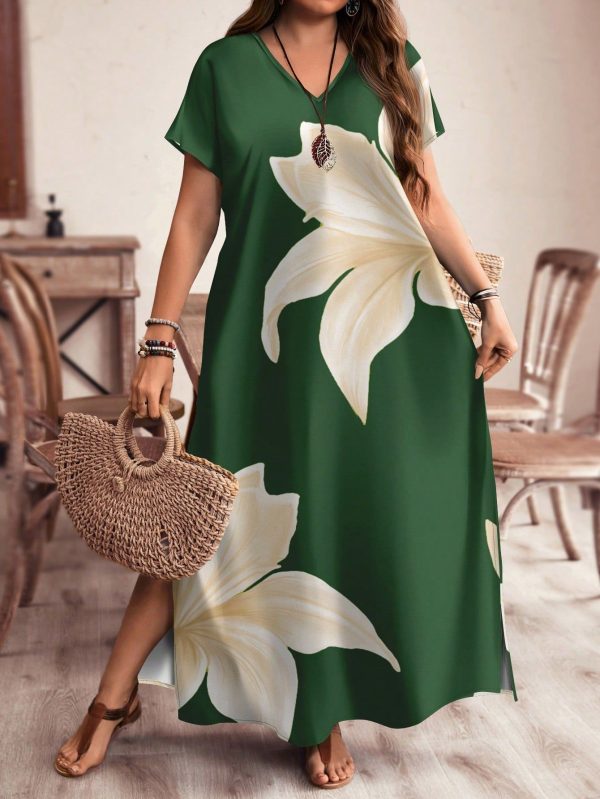 Plus Size V-Neck Open Shoulder & Hem Split Dress, Suitable For Summer,Vacation Outfits Woman Summer Outfits For Women Office Wear, Vacation Outfits Woman, Summer Outfits For Women Festival Boho,Holiday Outfit