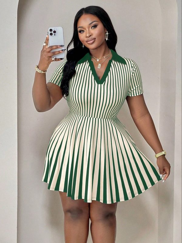 Women Casual Elegant Striped Polo Collar Casual Short Sleeve Dress