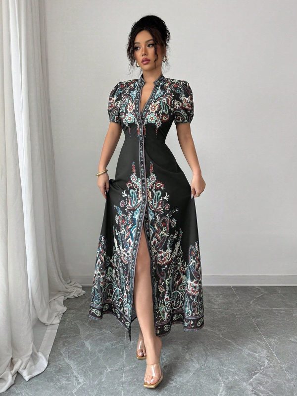 2025 New Elegant & Sexy Deep V-Neck Fitted Long Dress (Floral Placement)