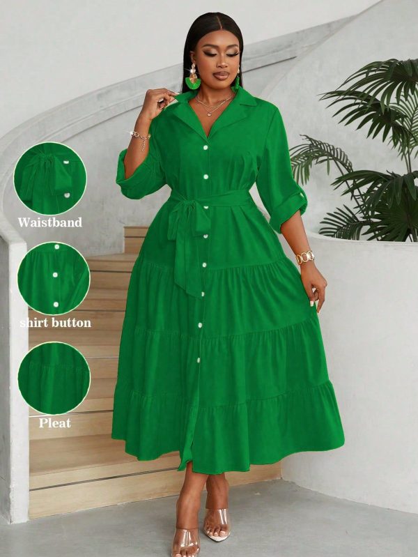 Plus Size Women Summer Solid Rolled Sleeve Long Dress With Ruffle Hem, Women Outfit