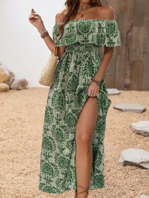 Women's Flora Print Off Shoulder High-Low Hem Dress With Ruffle Trim Maxi Vacation Beach Outfit
