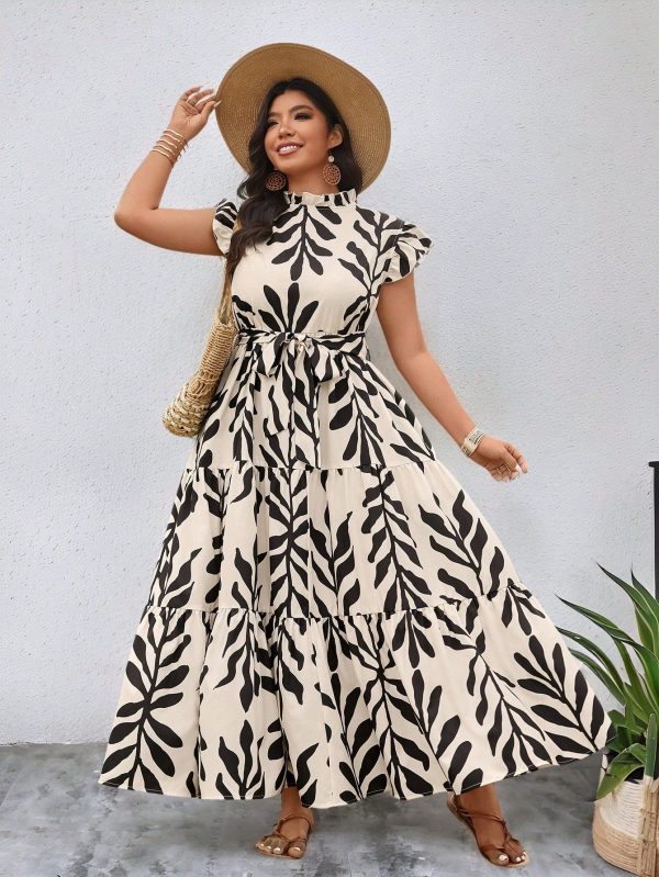 Plus Size Women Plant Print Ruffle Trim Stand Collar Casual Lantern Sleeve Maxi Dress Summer Outfits For Women Graduation Dress Flowy Dress Summer Outfits For Women Summer Dress Vacation Outfits Women