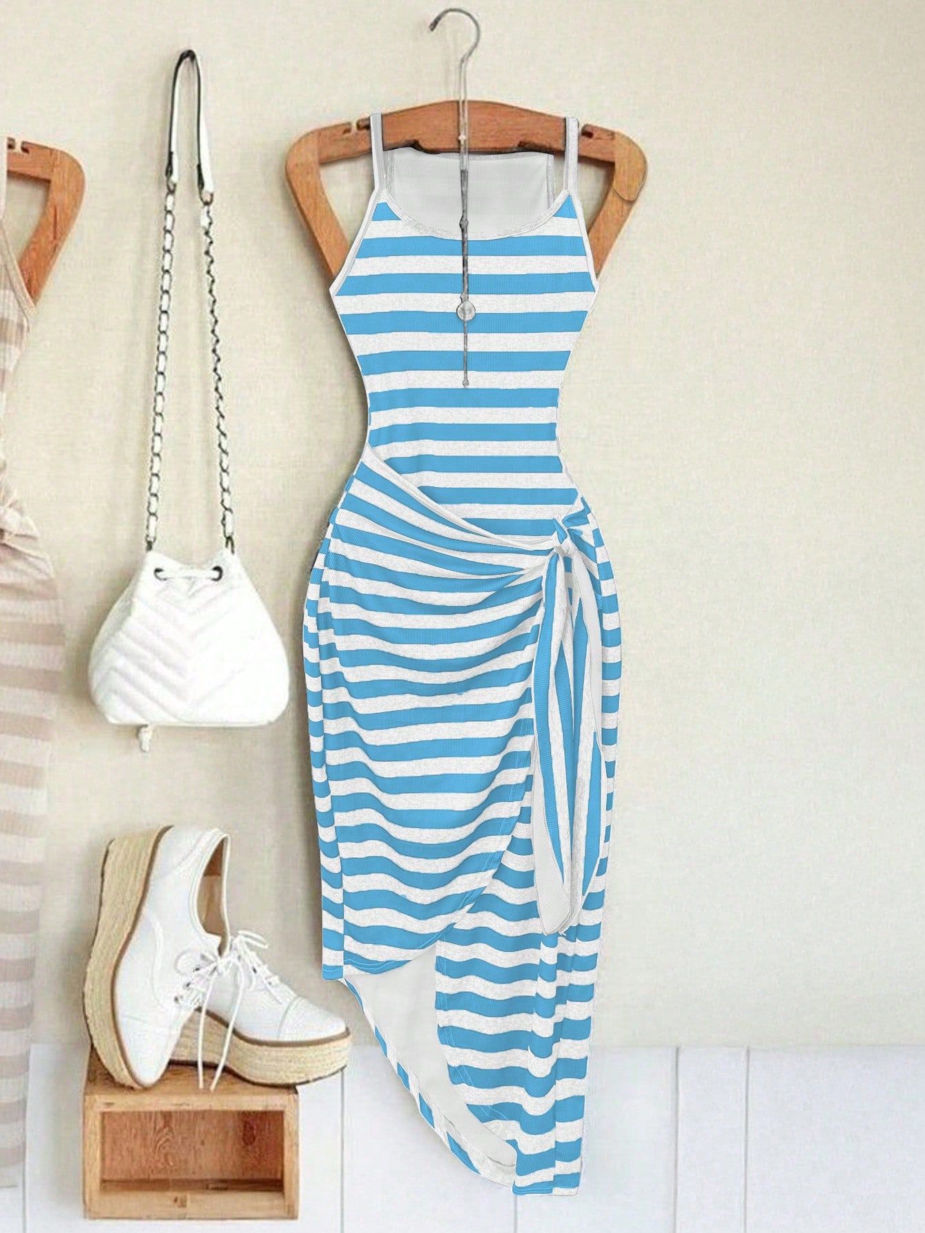 Plus Size Women Crew Neck Sleeveless Striped Tie Waist Bodycon Knit Dress