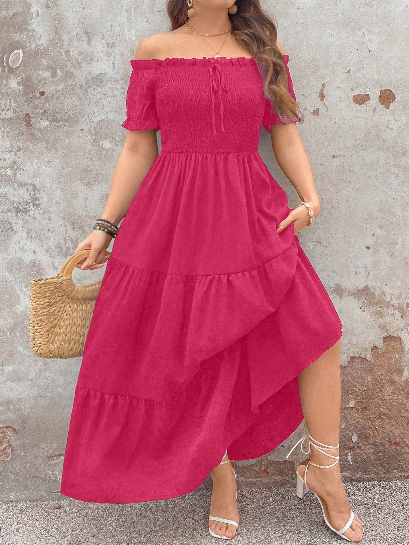 Elegant Commuter Vintage Minimalist Casual Women's Fashion Versatile Hot Sell Dress, Textured Fabric With Ruffle Hem And Bow Design, Elastic Waist, Black Plus Size