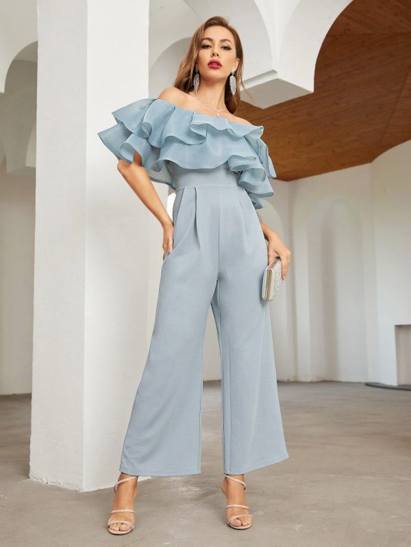 Privéa Off Shoulder Layered Ruffle Detail Palazzo Jumpsuit
