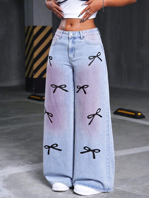 Women's Loose Butterfly Print Pockets Wide Leg Casual Denim Jeans