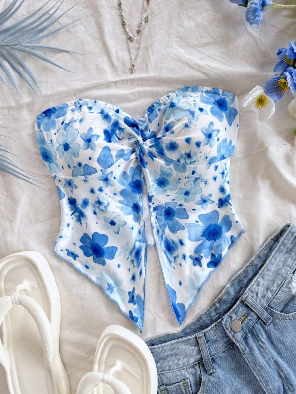 Women's Holiday Tie-Dye Floral Print Fresh Light Blue Lake Blue Twisted Bandeau Crop Top
