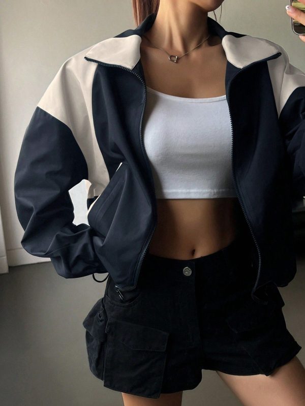 Women's Color Block Collar Zipper Jacket, Long Sleeve Y2k