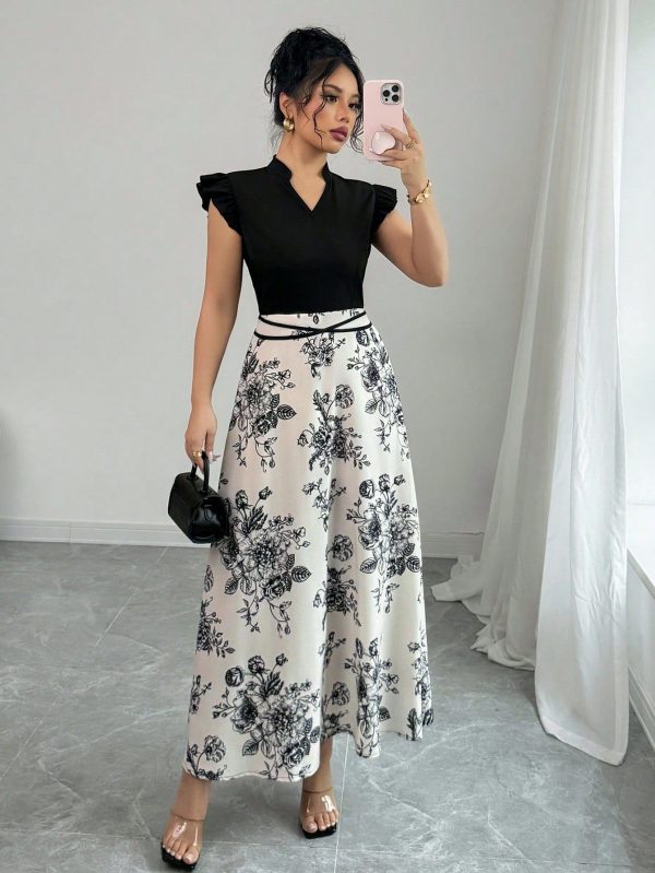 Black & White Stitching Floral Print Stylish Dress For Women Spring/Summer