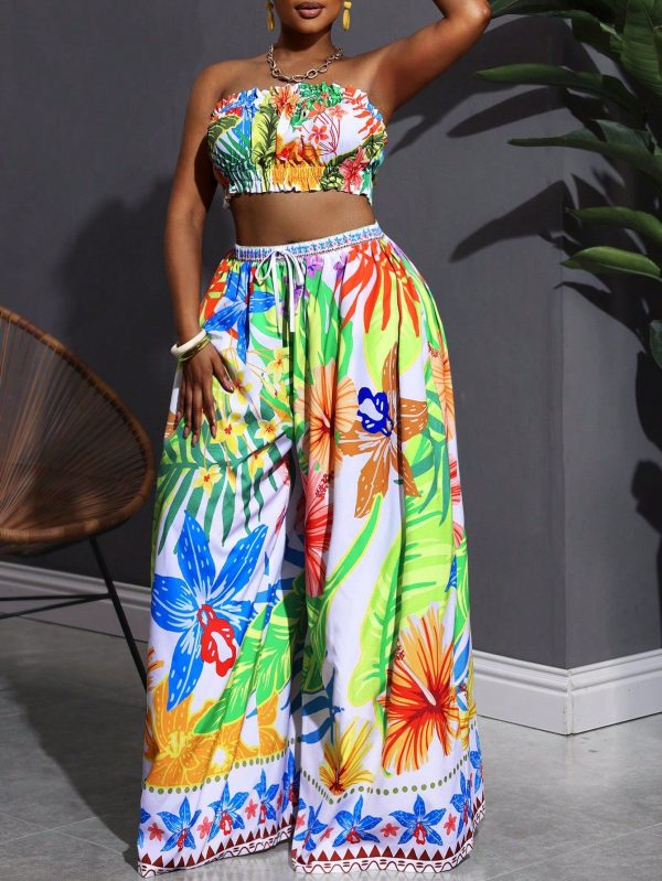 2025 Spring/Summer New Arrival Women's Plus Size Ruffle Trim Cami Top & Paperbag Waist Wide Leg Pants