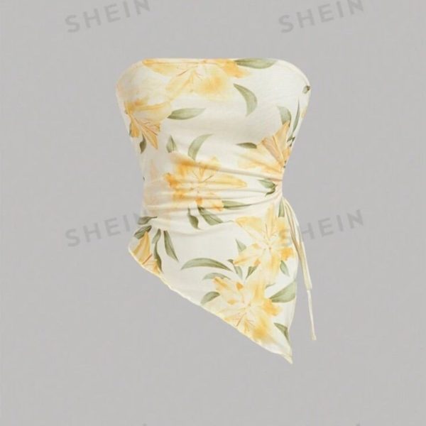 Shein Tops | Shein Mod Women's Floral Pattern Asymmetrical Hem Strapless Top | Color: White/Yellow | Size: S
