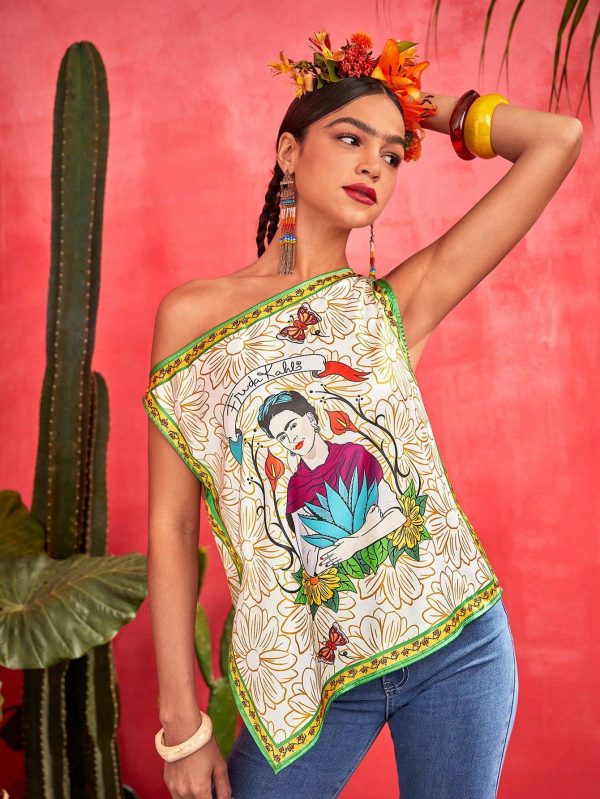 Figure Graphic Asymmetrical Neck Blouse