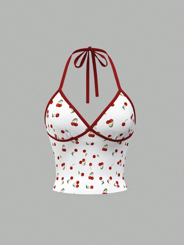 Women's  Y2k Summer Outfits Color Block Cherry Print Backless Halter Cute Tank Tops