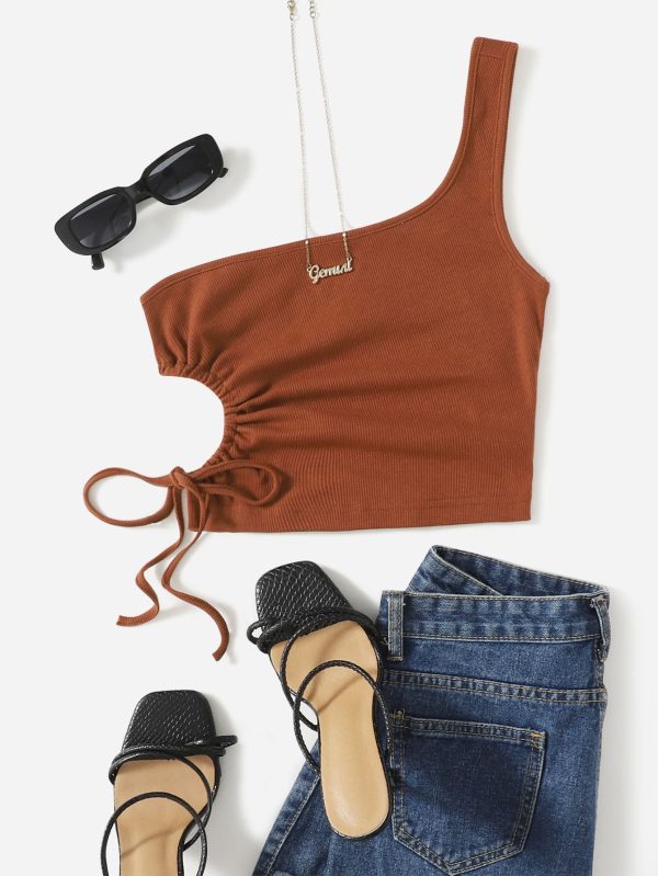 One Shoulder Cutout Drawstring Top