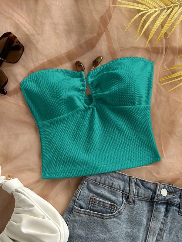 Women's Holiday Pink Knitted Textured Fabric Strapless Asymmetrical U-Shaped Button Gathered Cropped Top, Fitted And Slimming, Suitable For Party, Valentine's Date, Afternoon Tea, City Street Holiday