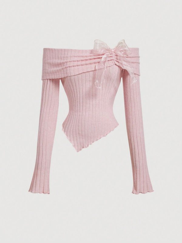 Teen Girl Off-Shoulder Bowknot Long Sleeve T-Shirt Top, Back-To-School Tops,Cute Tops School,Pink Top,Fall Tops,Preppy Tops