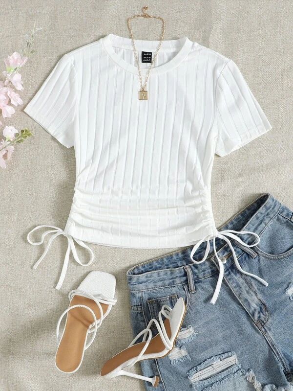 SHEIN EZwear Drawstring Ruched Side Rib-knit Tee