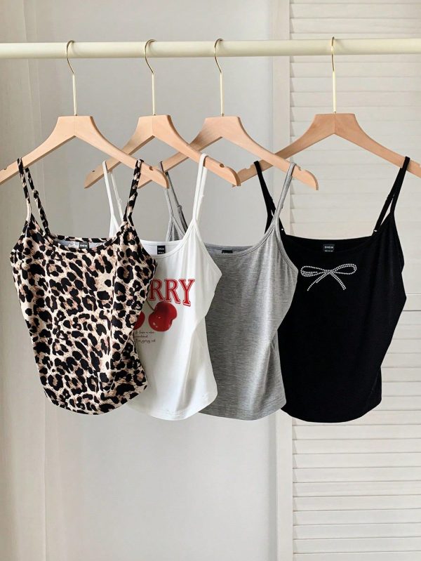 4pcs/Set Plus Size Casual Minimalist Spaghetti Strap Leopard Print & Solid Color With Rhinestones Bowknot & Cherry Print Tank Tops For Women, Summer