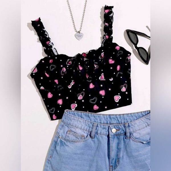 Shein Other | Tie Front Ruched Bust Heart Print Top | Color: Black | Size: Xs/2