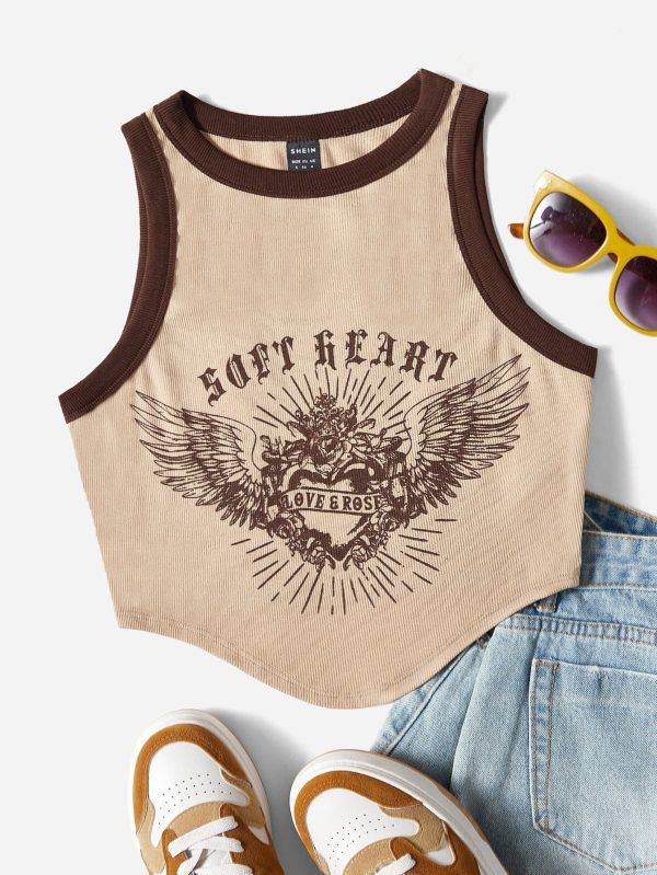 Letter and Graphic Print Contrast Binding Crop Tank Top