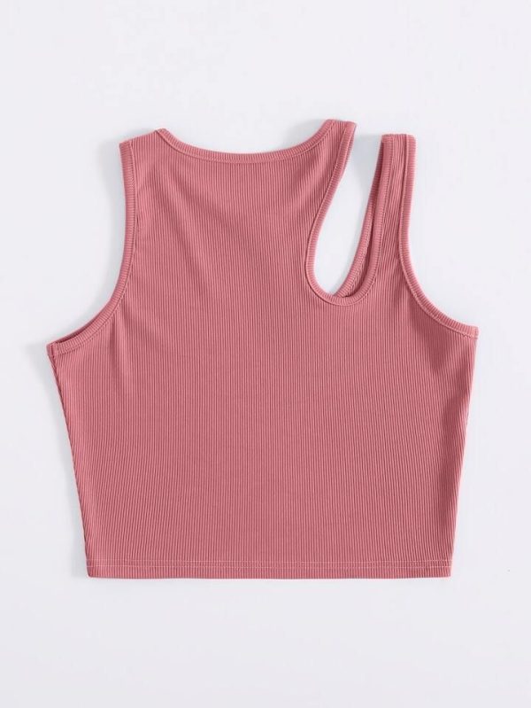 INAWLY Leisure Solid Cutout Shoulder Rib-Knit Tank Top For Summer