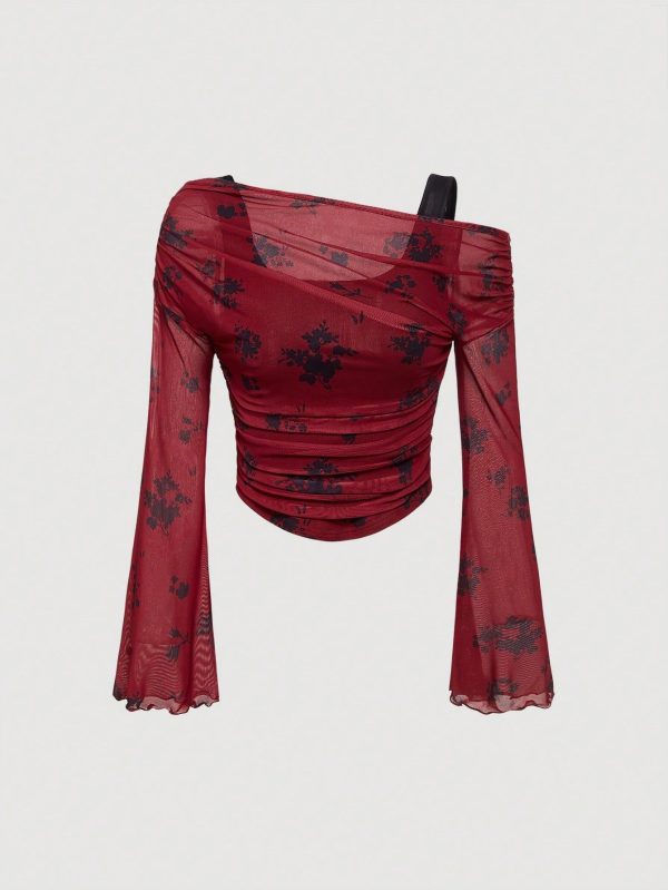 Knit Mesh Printed Flare Sleeve Fitted Cropped Women Top