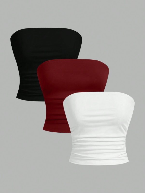 3pcs Set Women Casual Crinkle Ruched Fitted Tube Top