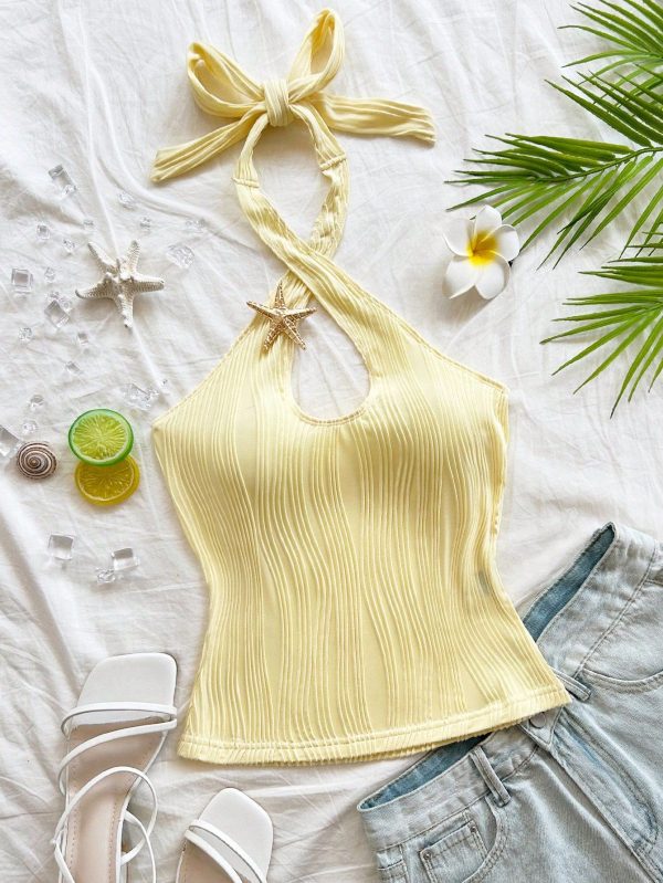Metal Starfish Decor Tank Top For Young Women, Versatile Casual Resort Wear,Butter Yellow