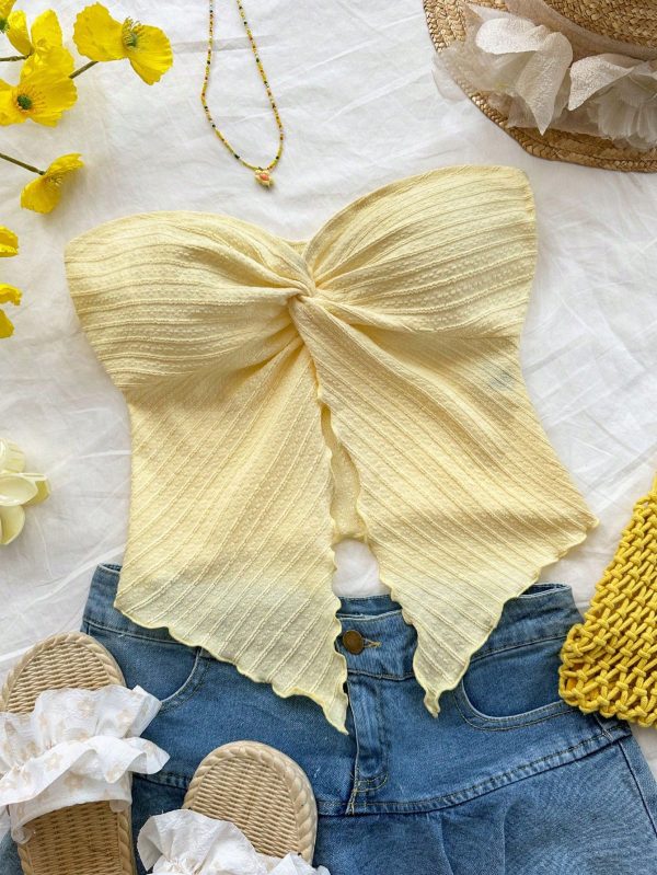 Teen Girls Valentine's Day Resort Style Mustard Yellow Textured Tube Top With Front Twist, Frill Trim Fitted Blouse. Suitable For Afternoon Tea, Streetwear, Vacation, Layering Or Party Wear, Autumn/Winter/Cute/Vacation