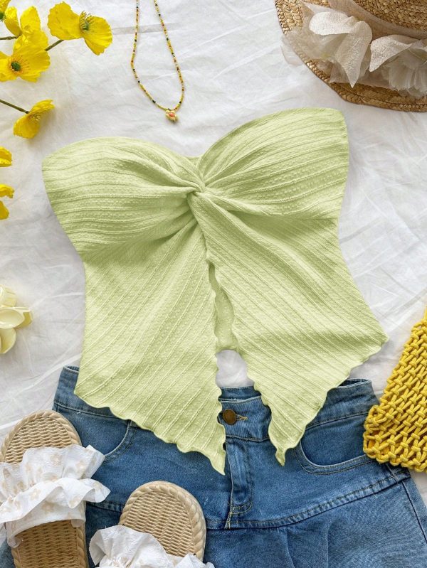 Women's Holiday Goose Yellow Knitted Texture Tube Top With Mid-Front Knotted Slit And Wave Edge Slim Fit Top Afternoon Tea Street Vacation Autumn And Winter Wear Inside And Outside Party