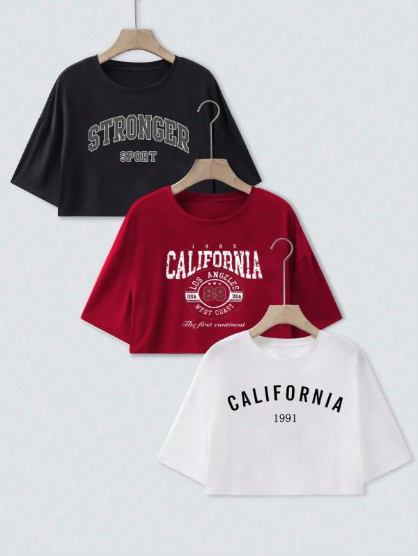 3pcs/Pack Casual Crew Neck Letter Print Cropped T-Shirts Graphic Tees Women Tops
