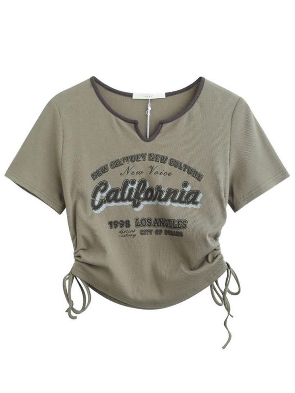 Drawstring Y2k T Shirt Women Letter Crop Top Americal Retro Short Sleeve Tees Korean Graphic Slim