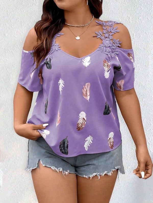 Plus Size Casual Holiday Feather Print Embroidery Embellished Open Shoulder Blouse