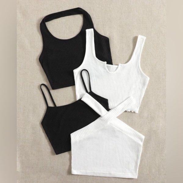 Shein Tops | Shein Solid Ribbed Knit Crop Top | Color: Black/White | Size: Xs