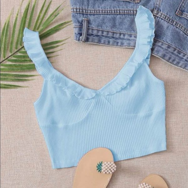 Shein Tops | Shein Ruffle Trim Rib Knit Crop Top | Color: Blue | Size: S
