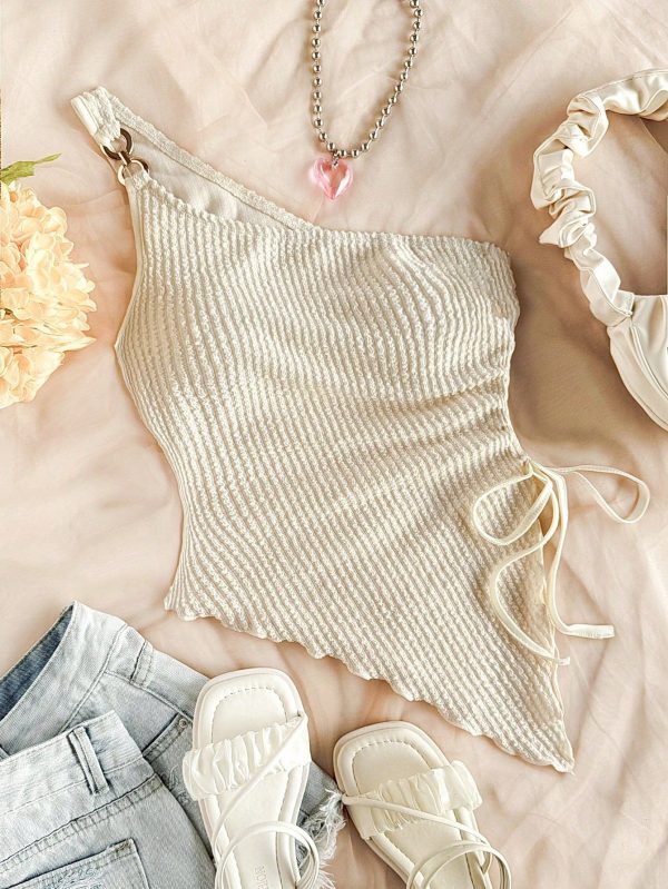 Plus Size Women's Summer Vacation Beige Knit Jacquard Texture One Shoulder Fitted Slit Hem Drawstring Ruched Cami Top, Suitable For Party, Date, Valentine's Day, Easter, Carnival, Afternoon Tea, Beach, Cruise, City Holiday