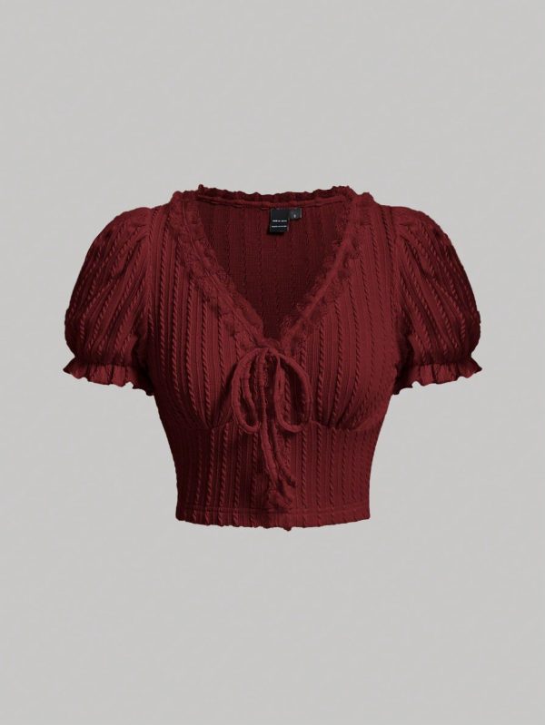 Tie Front Frill Trim Puff Sleeve Crop Tee