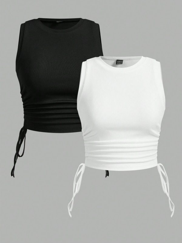 2pcs/Set Ribbed Drawstring Ruched Cropped Camisole Top, Suitable For Summer