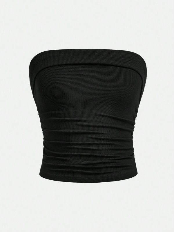 Teen Girl Ruched Waist Knitted Seamless Crop Black Tube Top